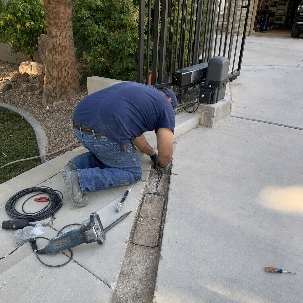 Technician installing gate access control system with tools nearby in Spring Valley, NV