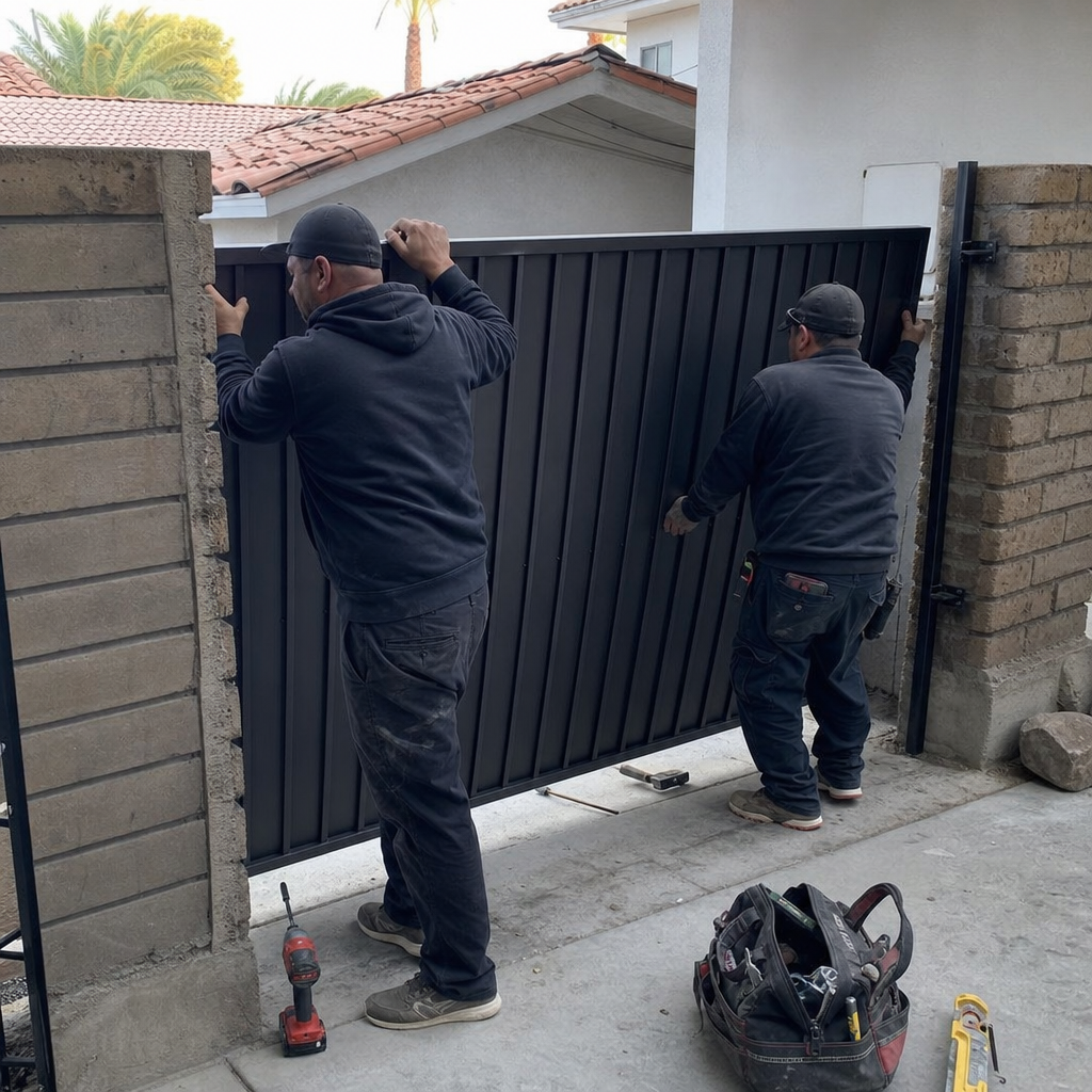 Workers installing a black metal gate between pillars
