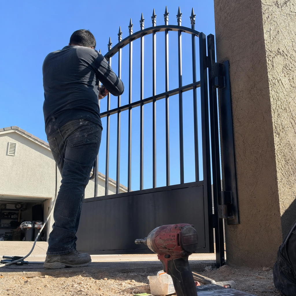 Professional installing black metal gate with pointed finials