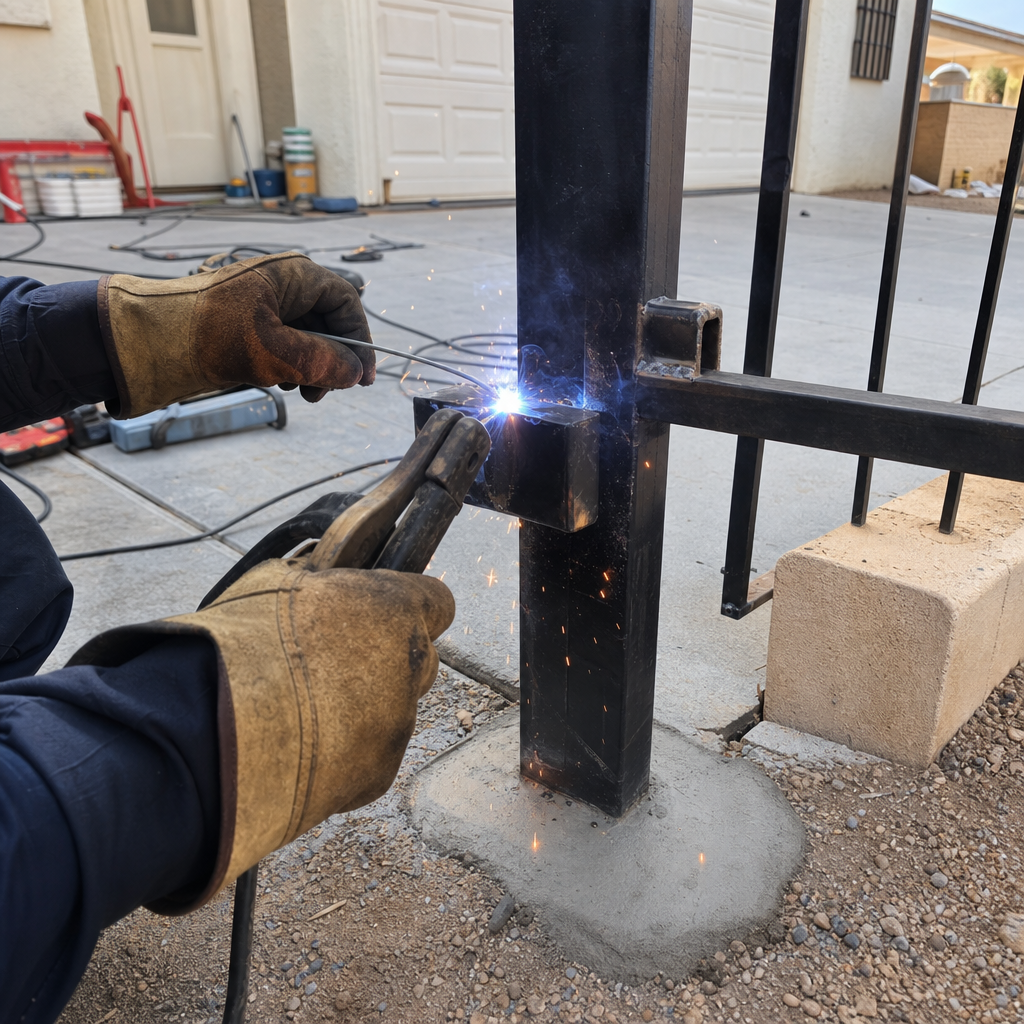 Welder installing gate support with sparks