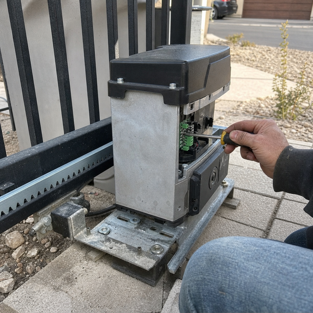 Gate motor and opener repair by technician with screwdriver