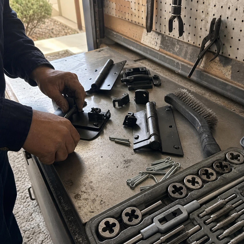 Man assembling gate hardware, including hinges, latches, and springs on a metal workbench. in Spring Valley, NV