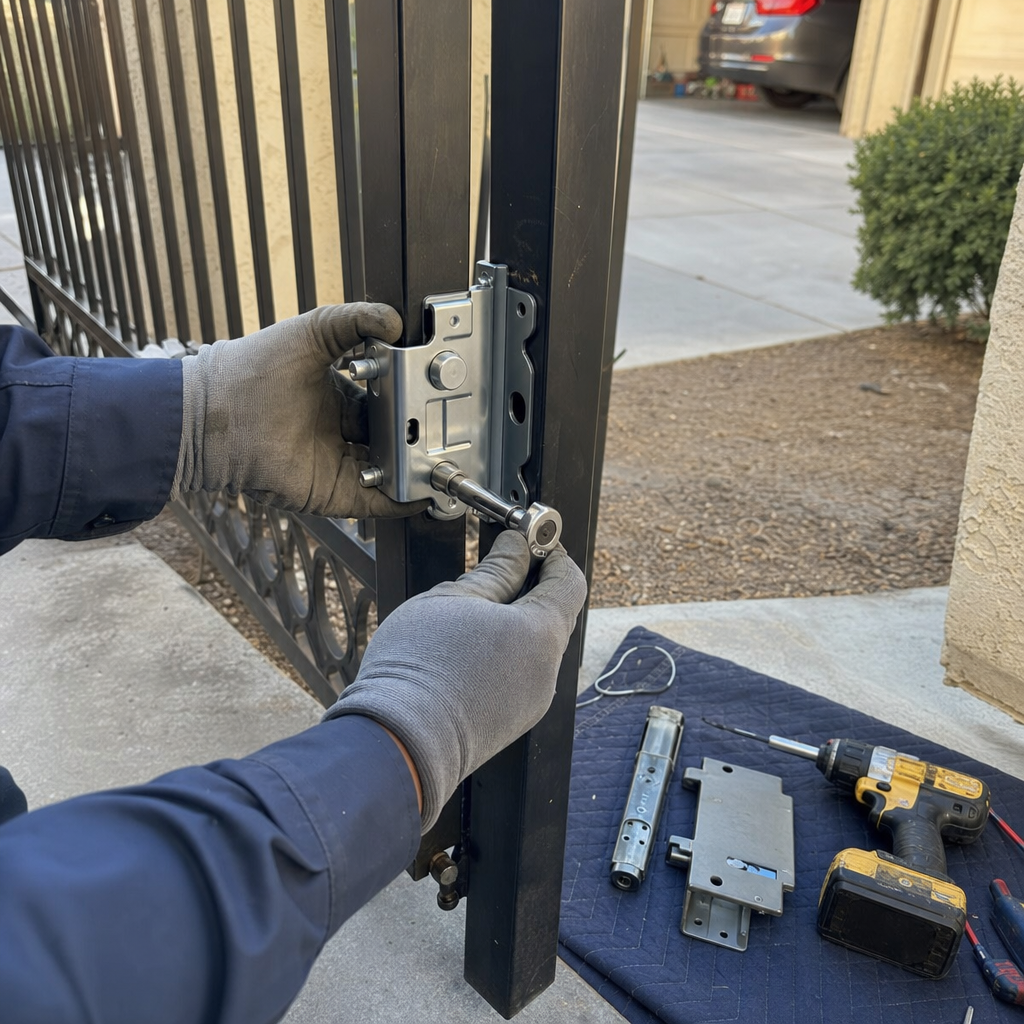Professional installing new gate lock mechanism with a ratchet tool