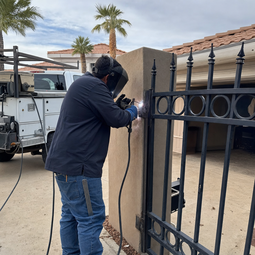 Welder repairing a metal gate