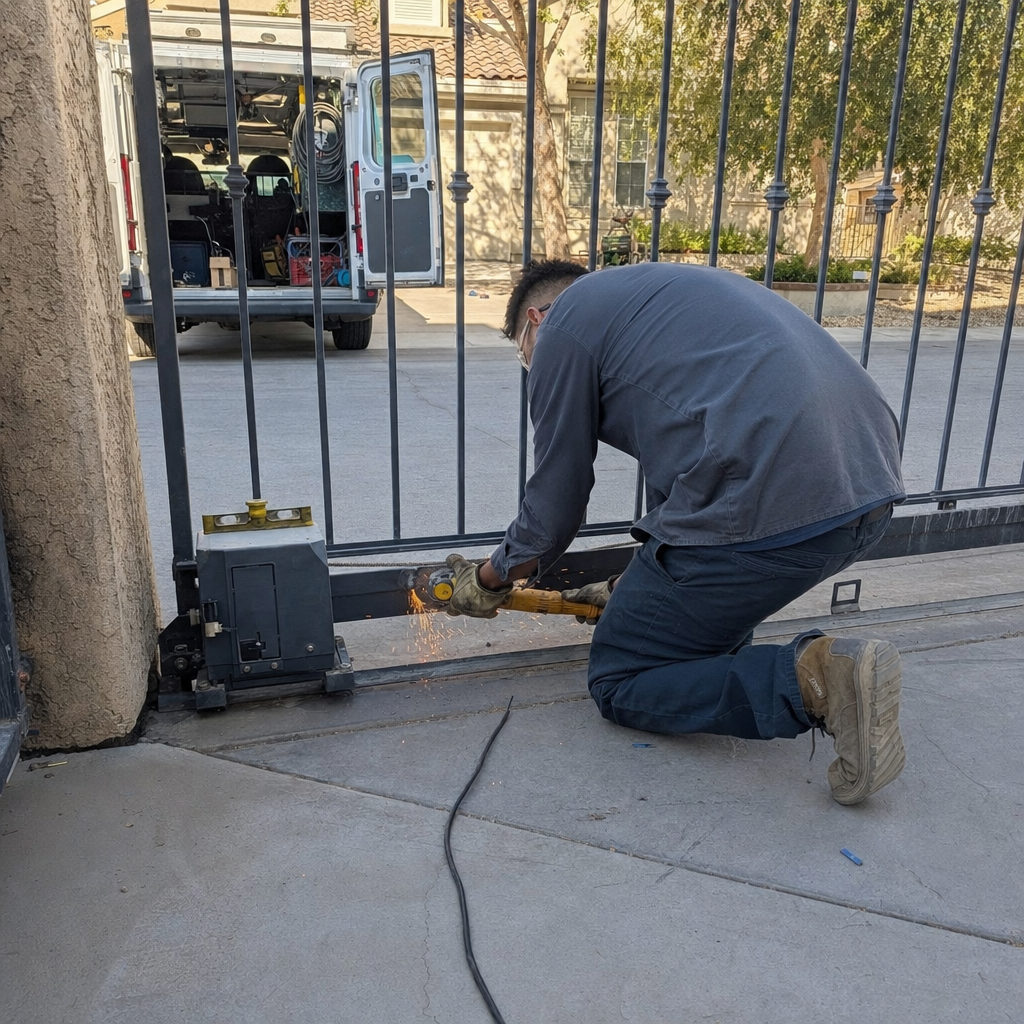 Worker grinding metal on gate motor